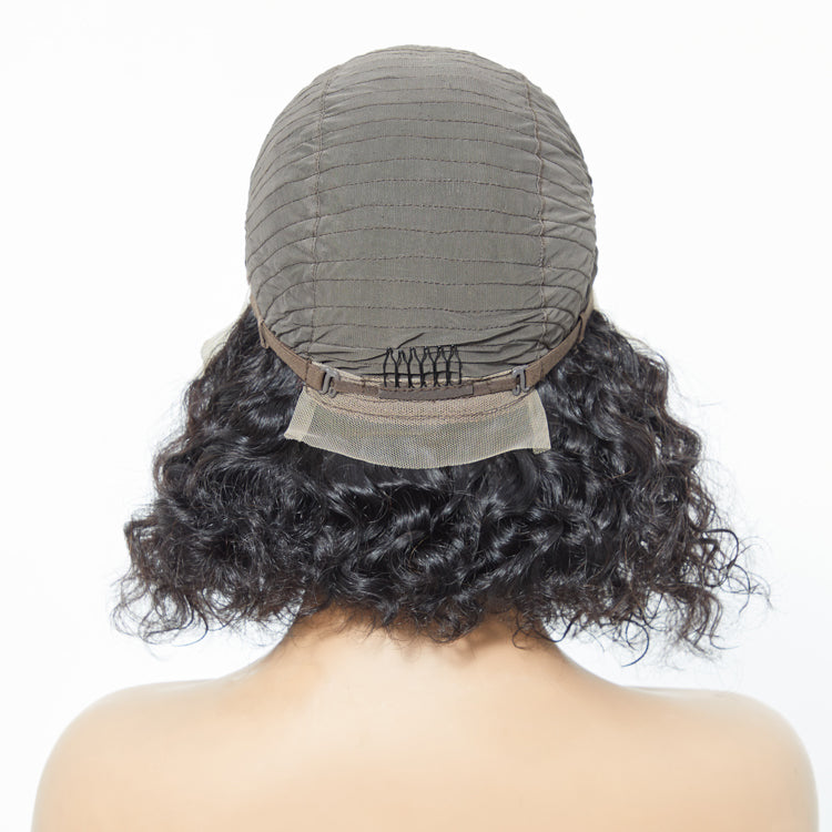 12/14 Inches 13"x4" Natural Black Water Wavy Bob 3D Transparent Lace Frontal Wig-100% Human Hair