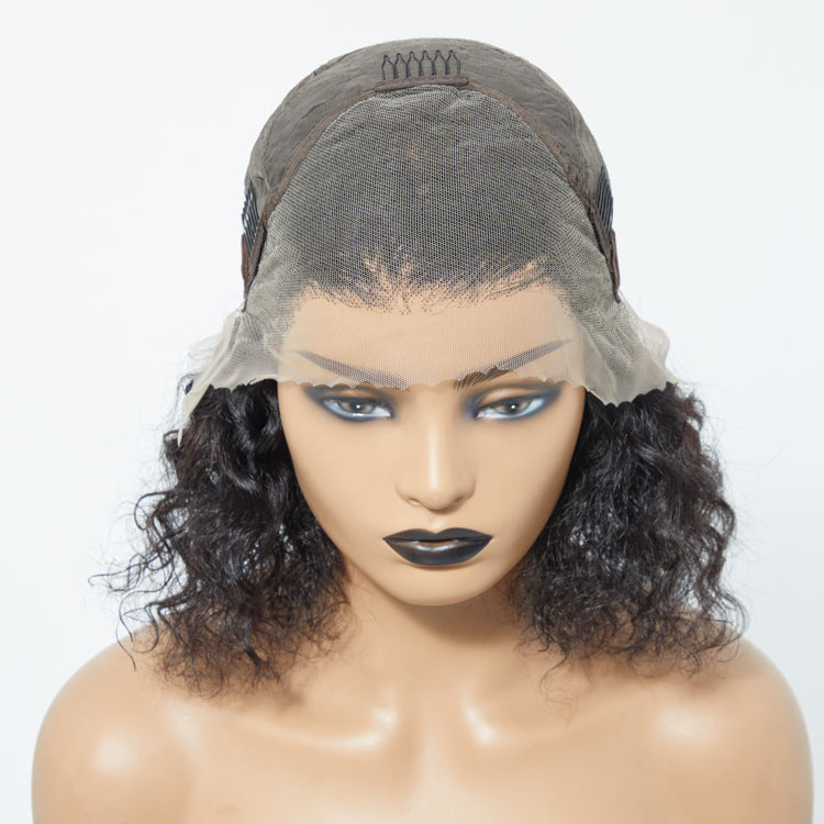 12/14 Inches 13"x4" Natural Black Water Wavy Bob 3D Transparent Lace Frontal Wig-100% Human Hair