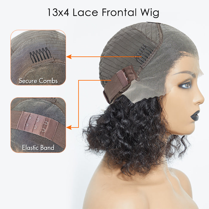 12/14 Inches 13"x4" Natural Black Water Wavy Bob 3D Transparent Lace Frontal Wig-100% Human Hair